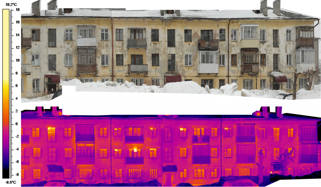 Разницу температур внешнего воздуха и дома показывает инфракрасный снимок, сделанный с помощью тепловизора. Прибор работает на контрасте температур и измеряет степень нагрева поверхности объектов